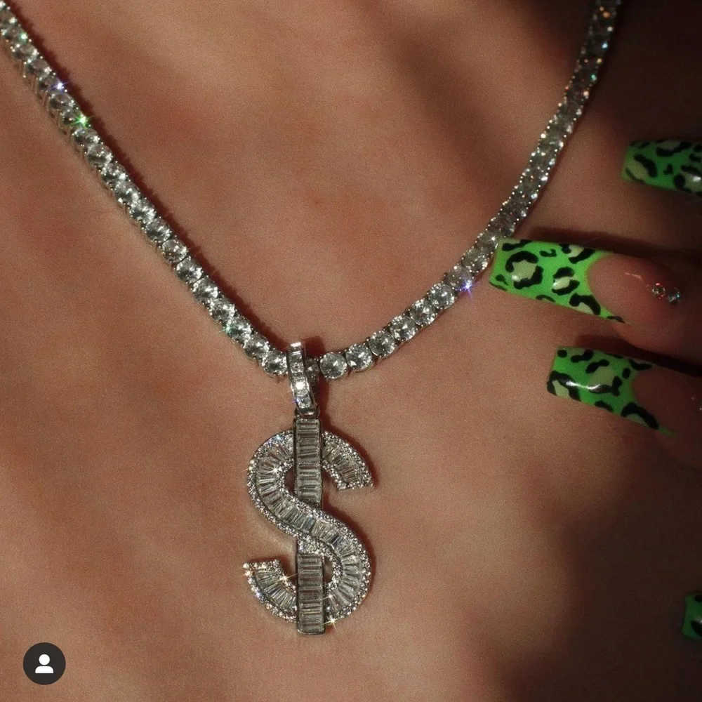 Silver Dollar Sign tennis Necklace 16inch